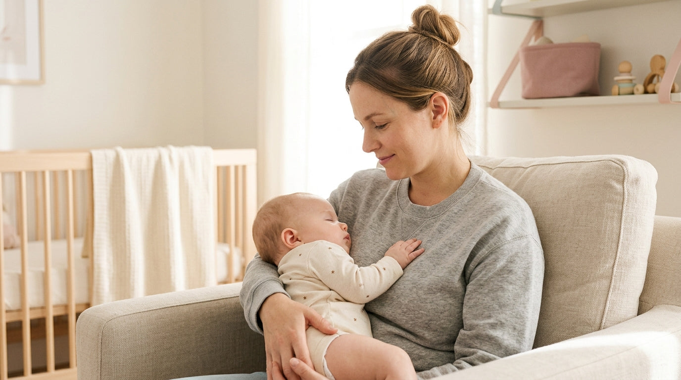 A tired mother holding her toddler in a messy kitchen