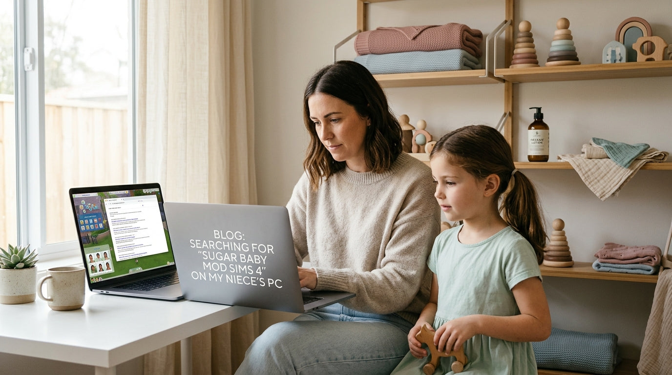 Teen playing Sims on a laptop while a toddler plays with wooden toys on the floor