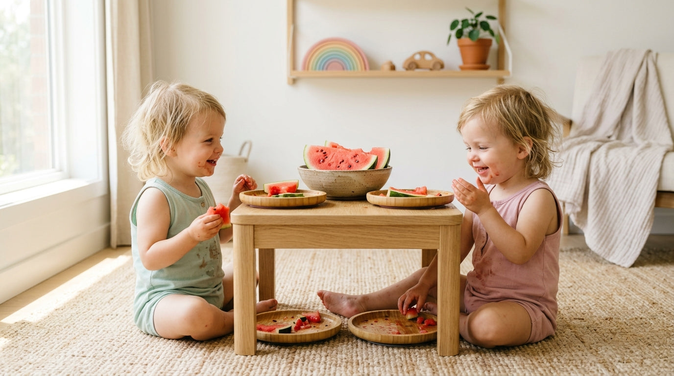 Two messy toddlers covered in pink melon juice sitting on a kitchen floor