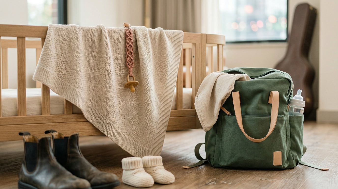 Mom holding a baby in a simple wrap carrier at the airport.