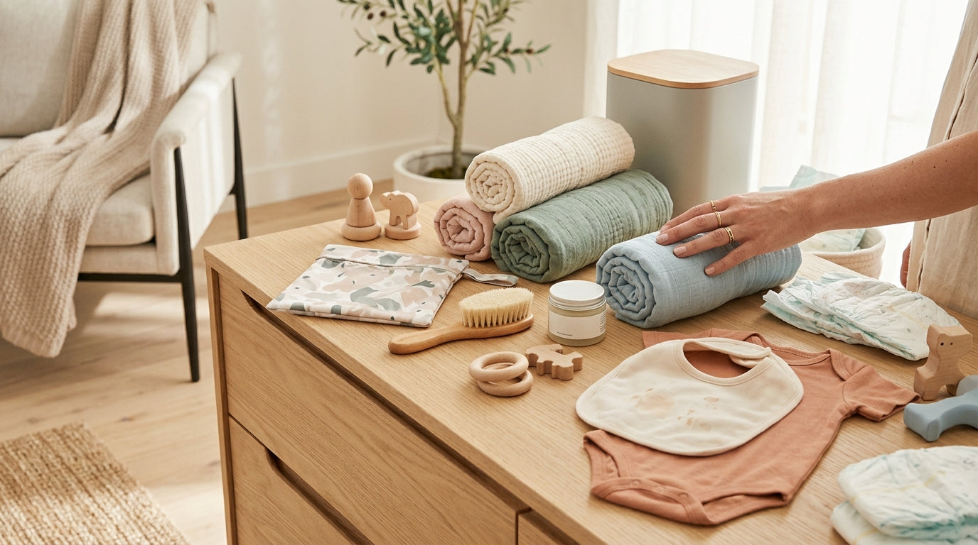 Mom holding baby items reflecting realistic postpartum life