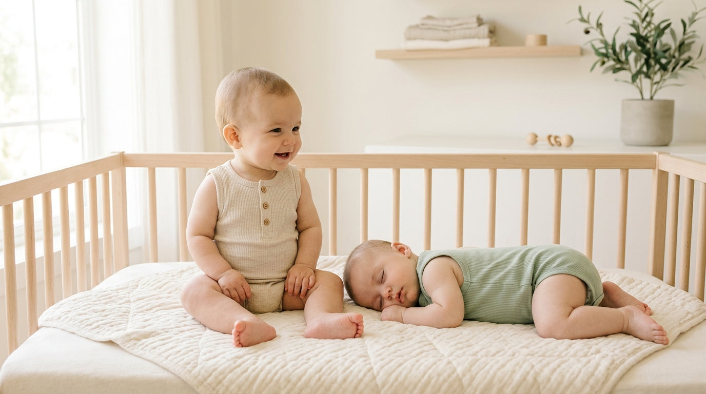 Sweaty baby wearing a plain organic cotton armless bodysuit in summer