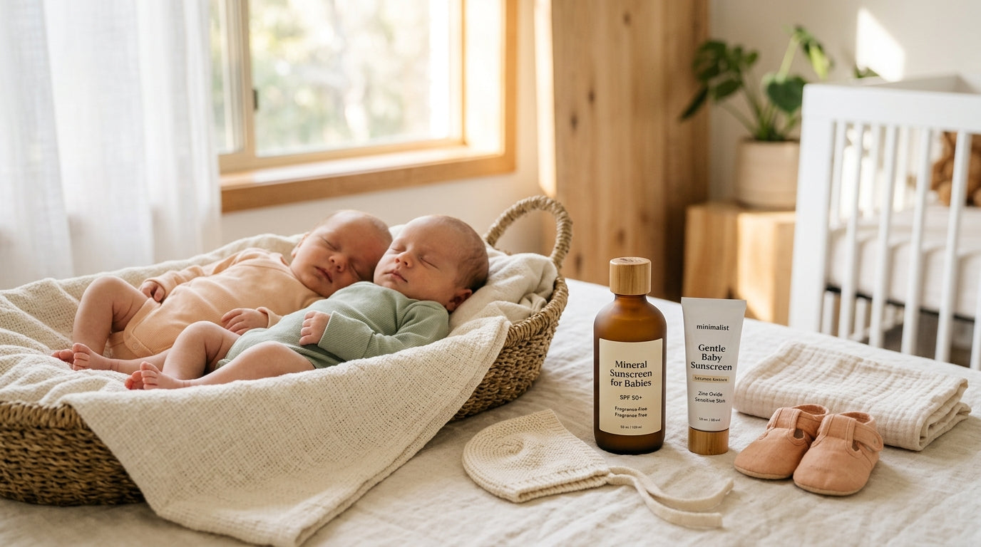 Exhausted dad buying sunblock newborn babies can use at the pharmacy