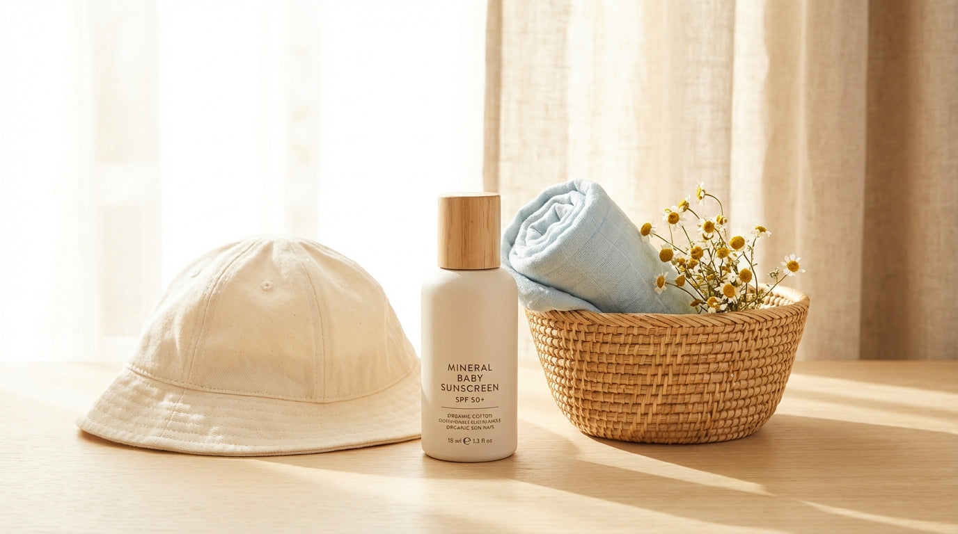 A mom holding her newborn baby in the shade while drinking an iced coffee.