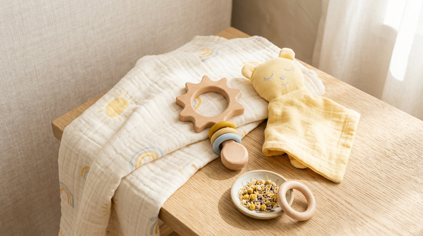 A tired mom holding a coffee cup next to a sleeping baby on a blanket