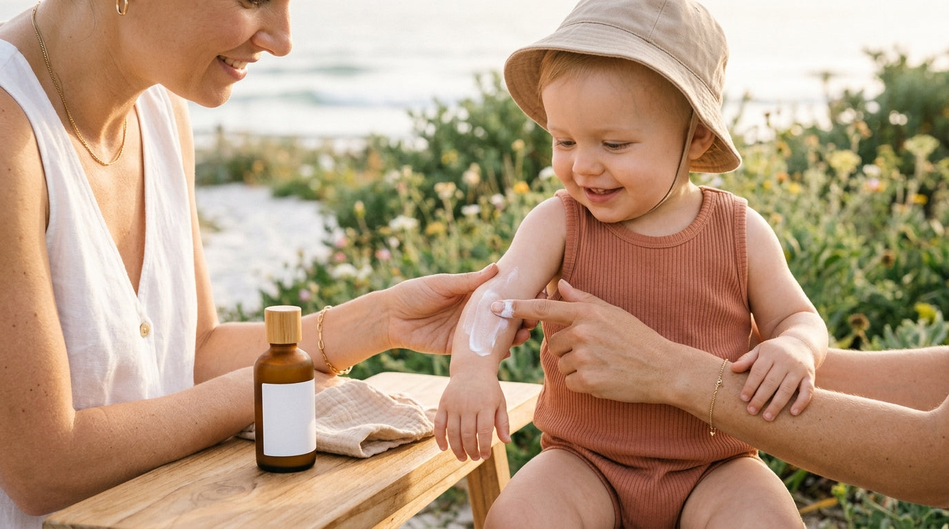 Pediatric nurse mother applying mineral sun protection to her infant at the beach.