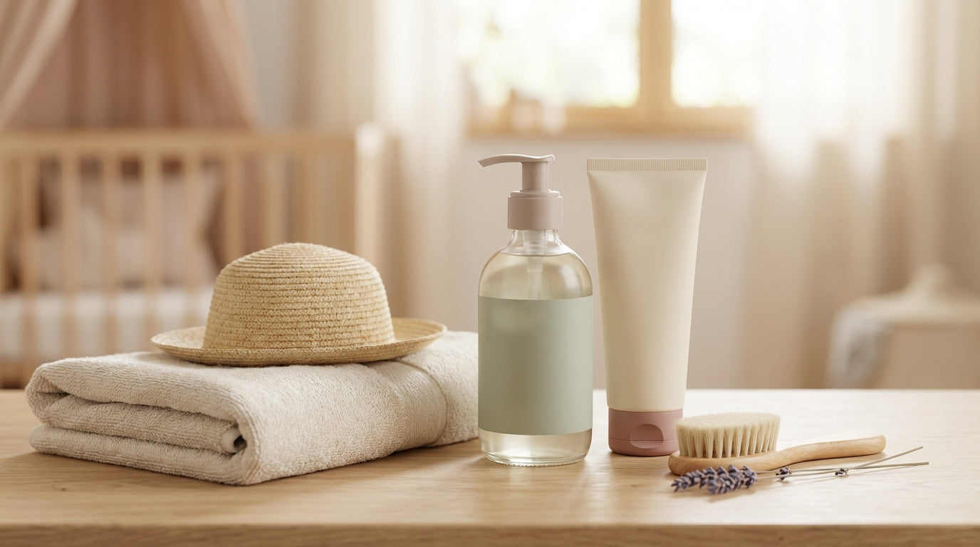 Exhausted dad holding twin babies under a massive beach umbrella in the summer