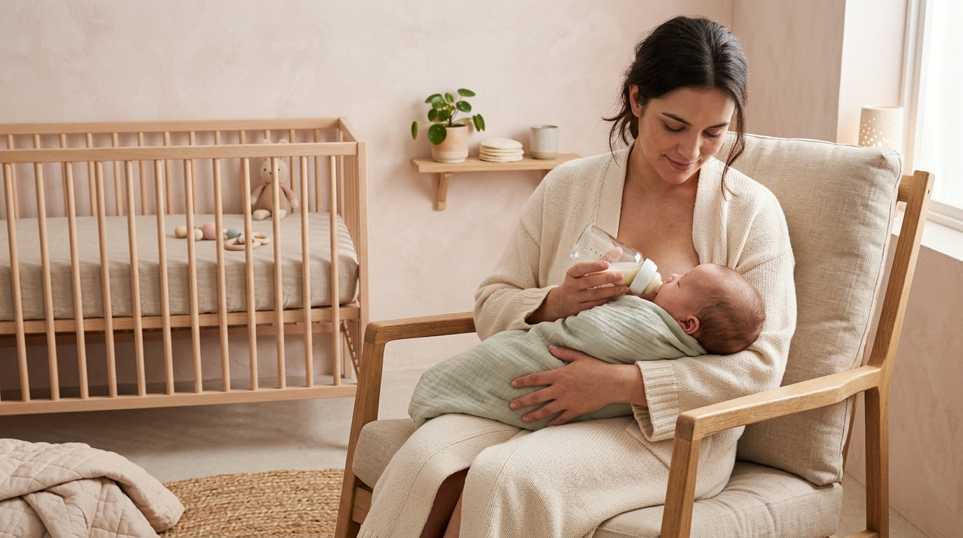 Exhausted mom holding a baby in a dark room watching a micro-drama on her phone