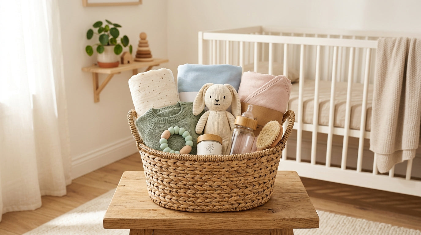 A messy realistic baby hamper filled with wipes and coffee