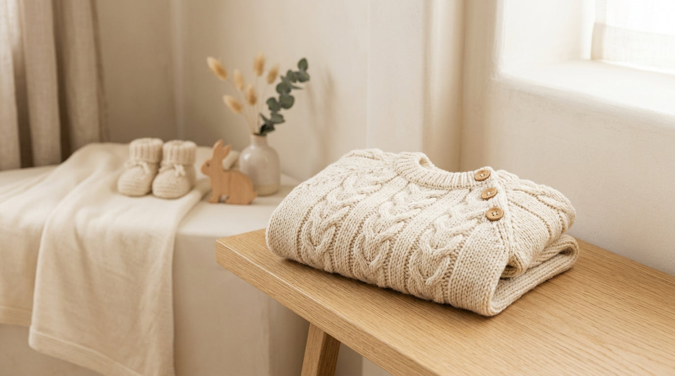 Toddler wearing a chunky oversized sweater looking away from camera