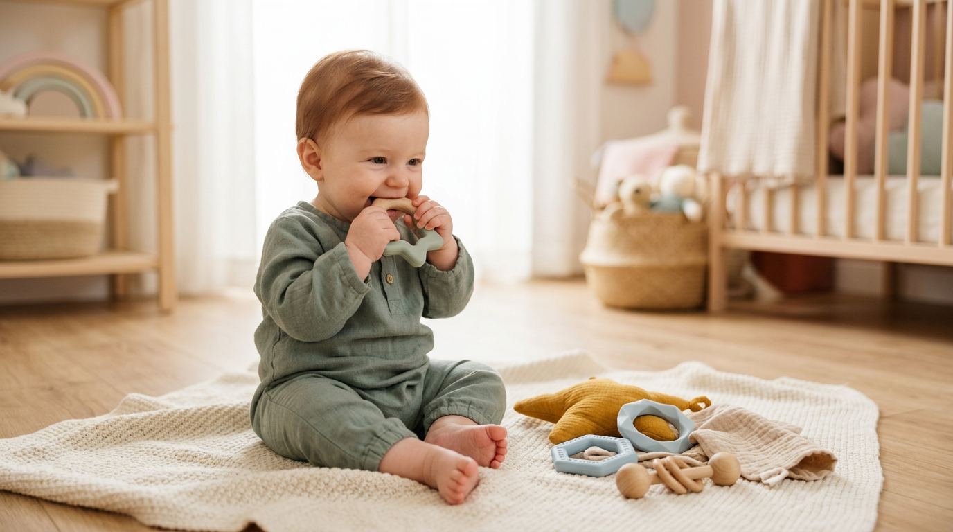A tired mom holding a silicone baby teether while folding laundry