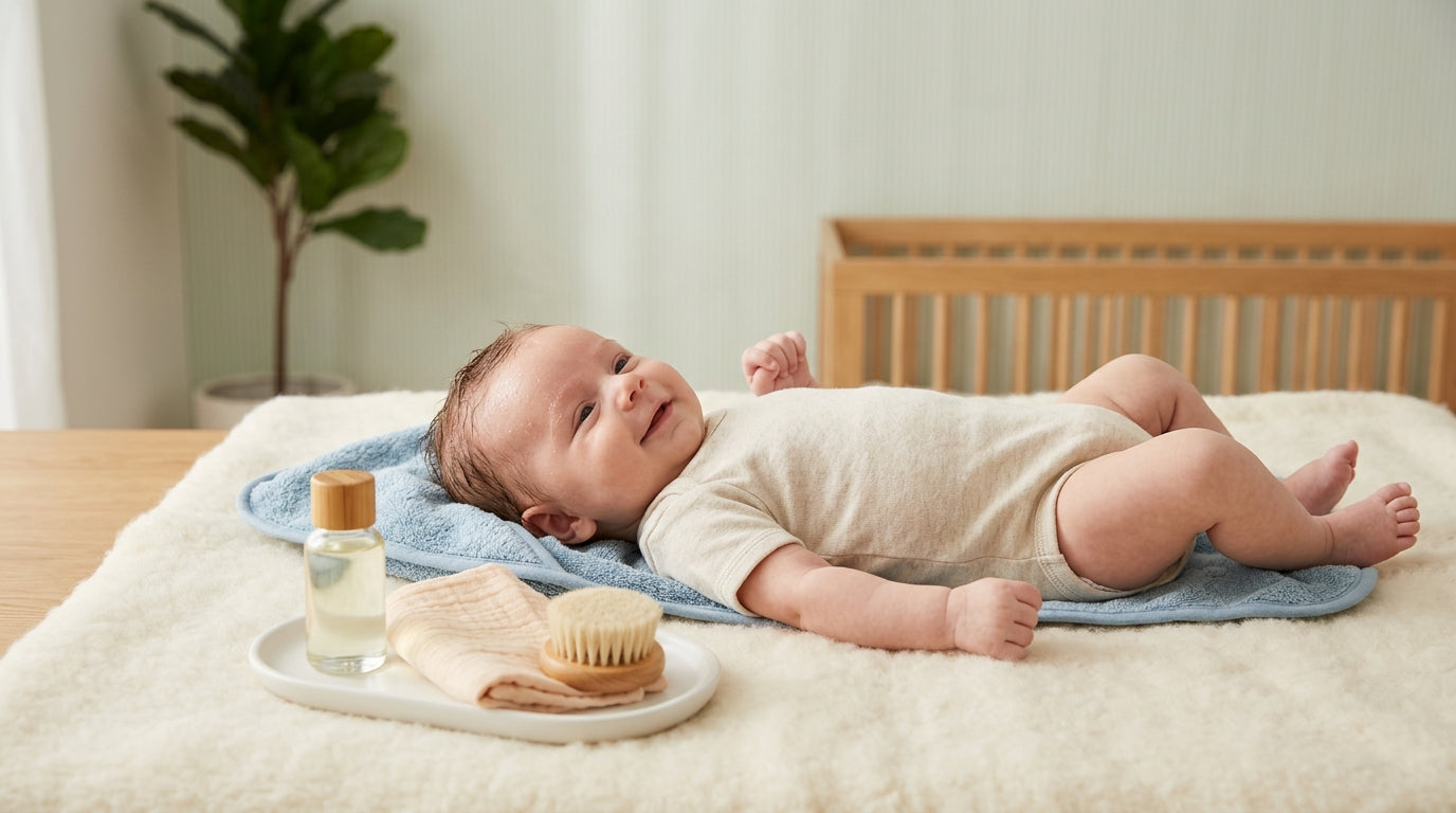 Exhausted mom in stained sweatpants holding a baby with dry skin