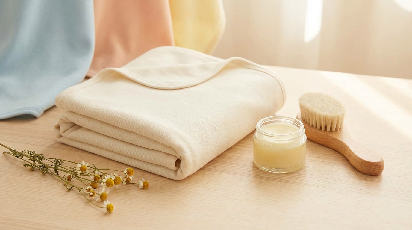 A tired mom holding her newborn baby who has small red bumps on their cheeks