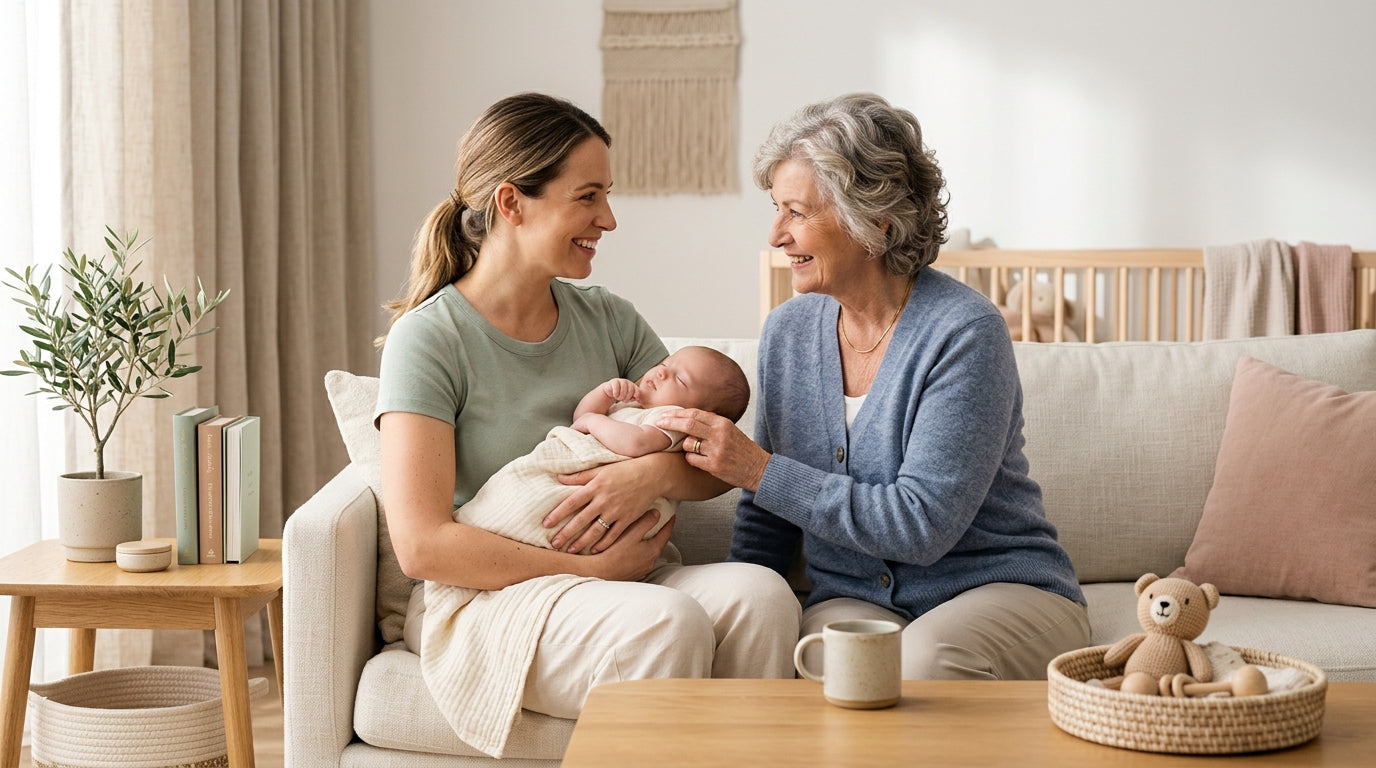 Exhausted dad holding twins while listening to grandparent advice