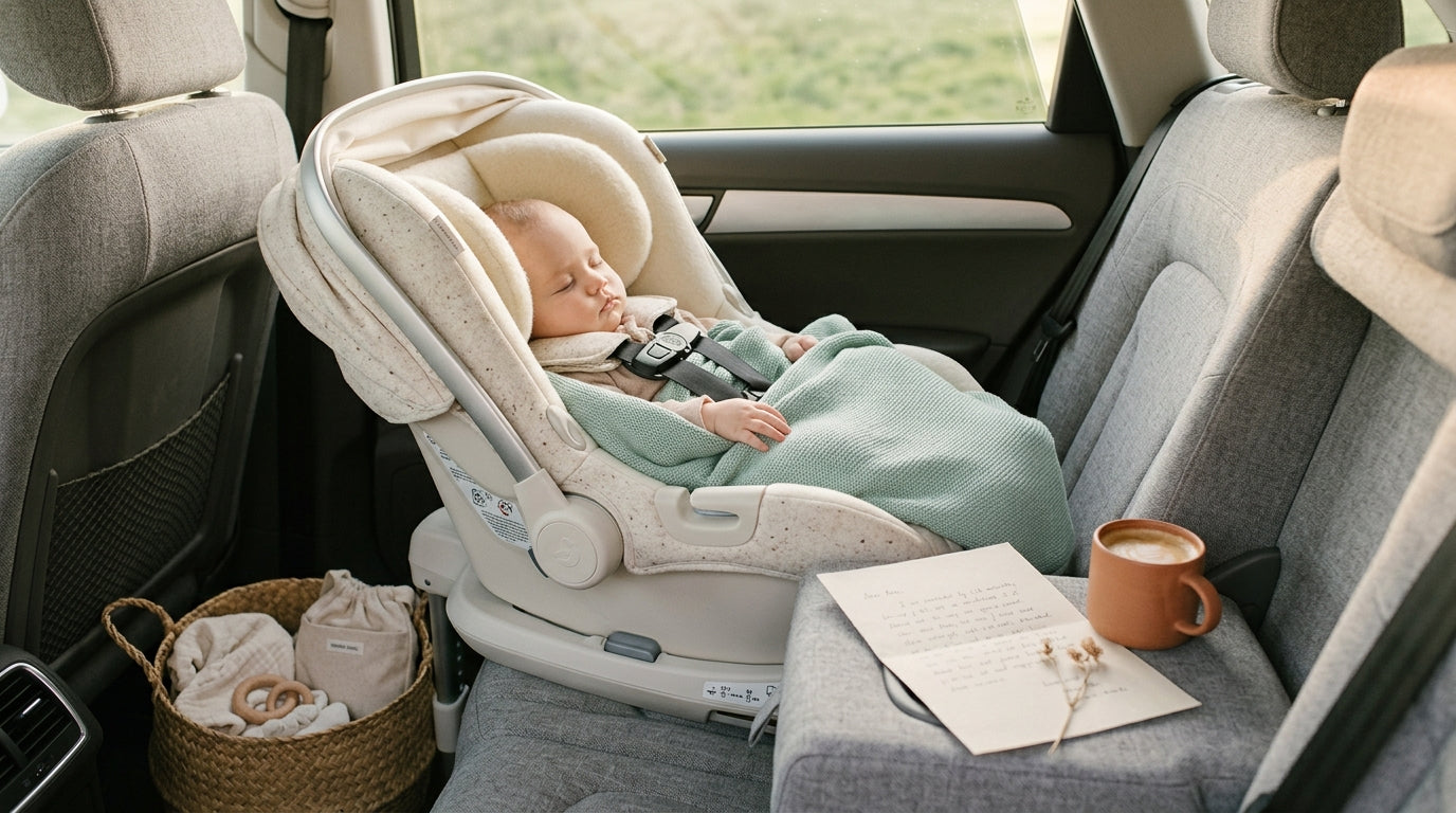 Frustrated mom drinking coffee next to a rear-facing baby car seat in a messy car