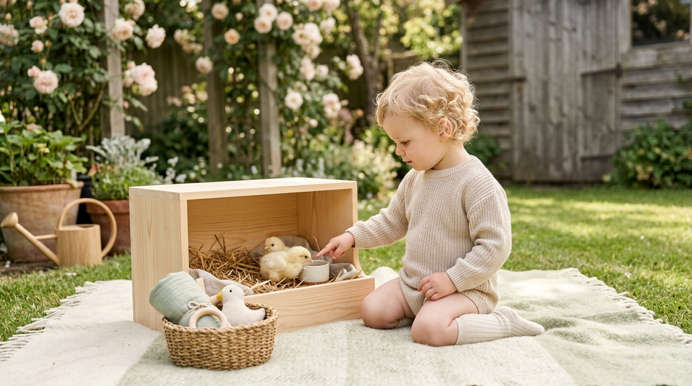 A toddler in an organic cotton bodysuit looking at a baby chick in a plastic brooder tub.