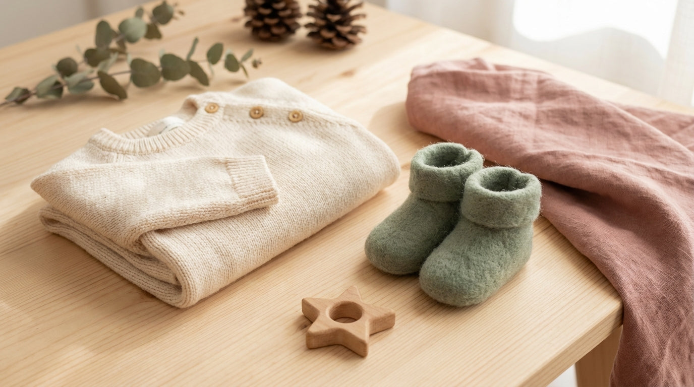 A frustrated dad holding up a tiny, stiff velvet baby Christmas suit.