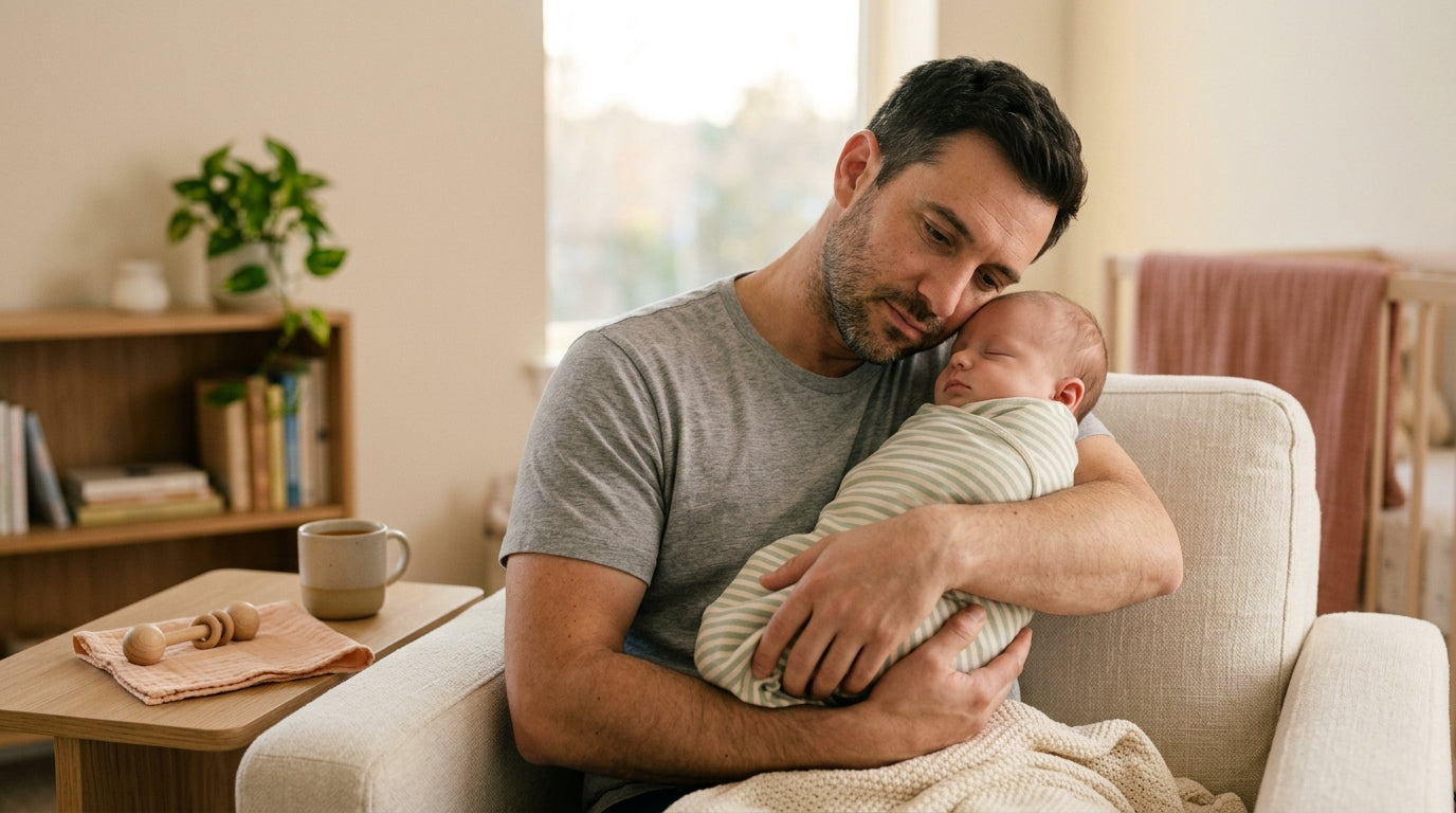 Twin dad holding a red-faced screaming baby in a dim living room
