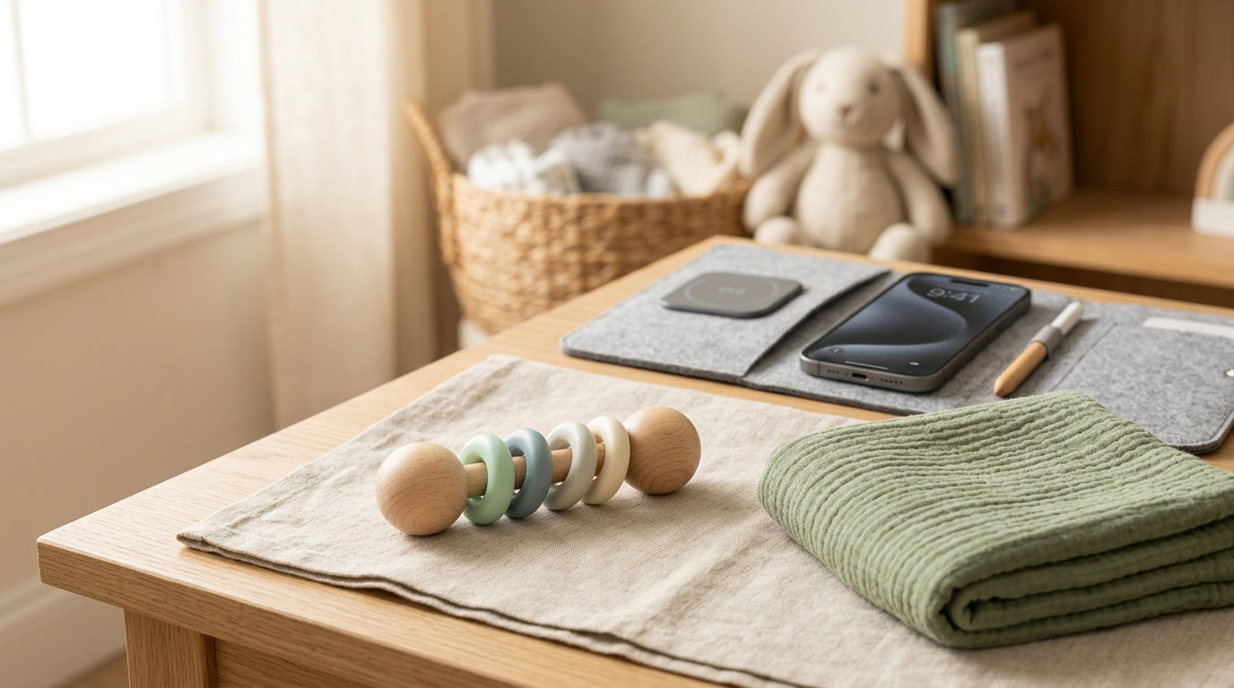 A very tired dad holding a teething baby wearing a Kianao organic cotton bib