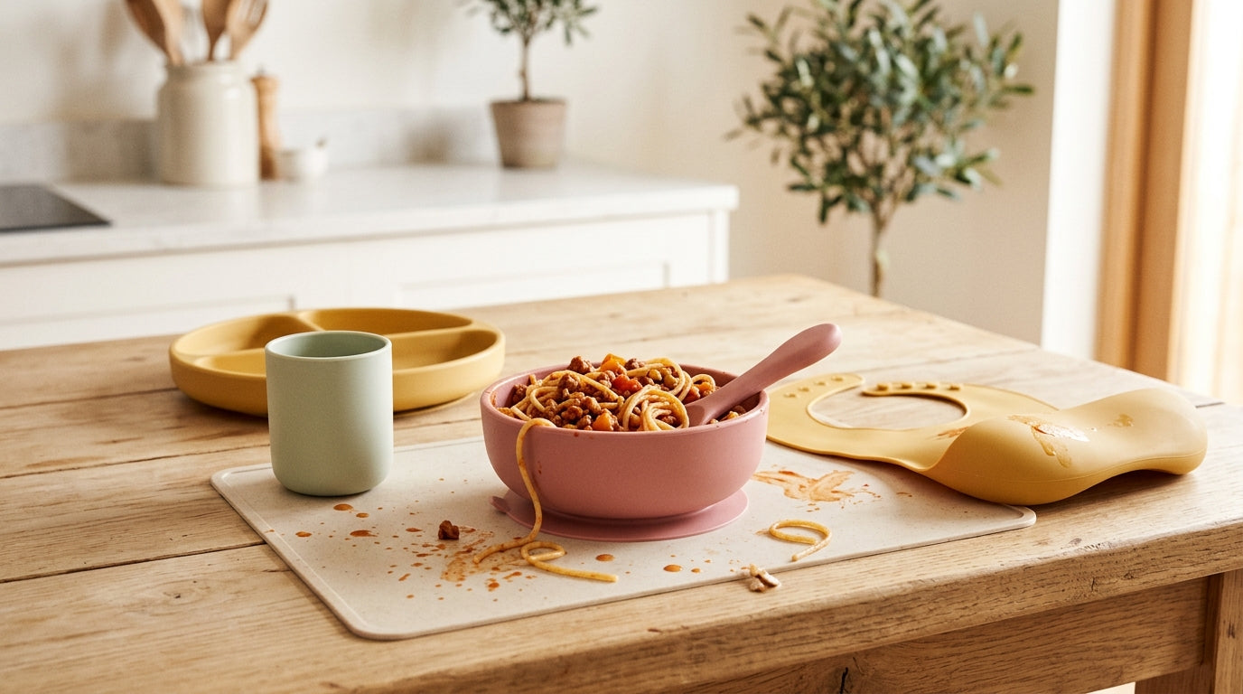 A visibly exhausted dad wiping spaghetti off a wall while twin toddlers hold silicone spoons.