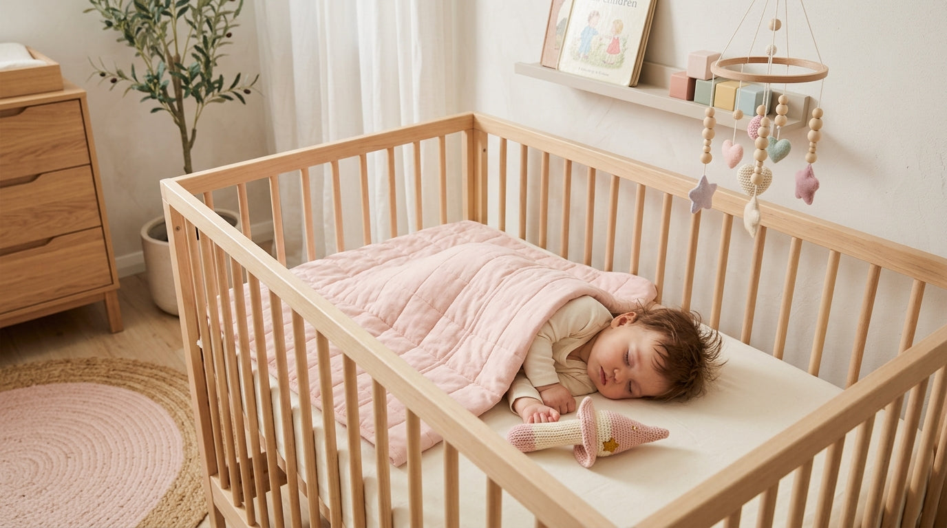 A tired mom holding an organic cotton pink flutter sleeve bodysuit surrounded by messy toddler toys