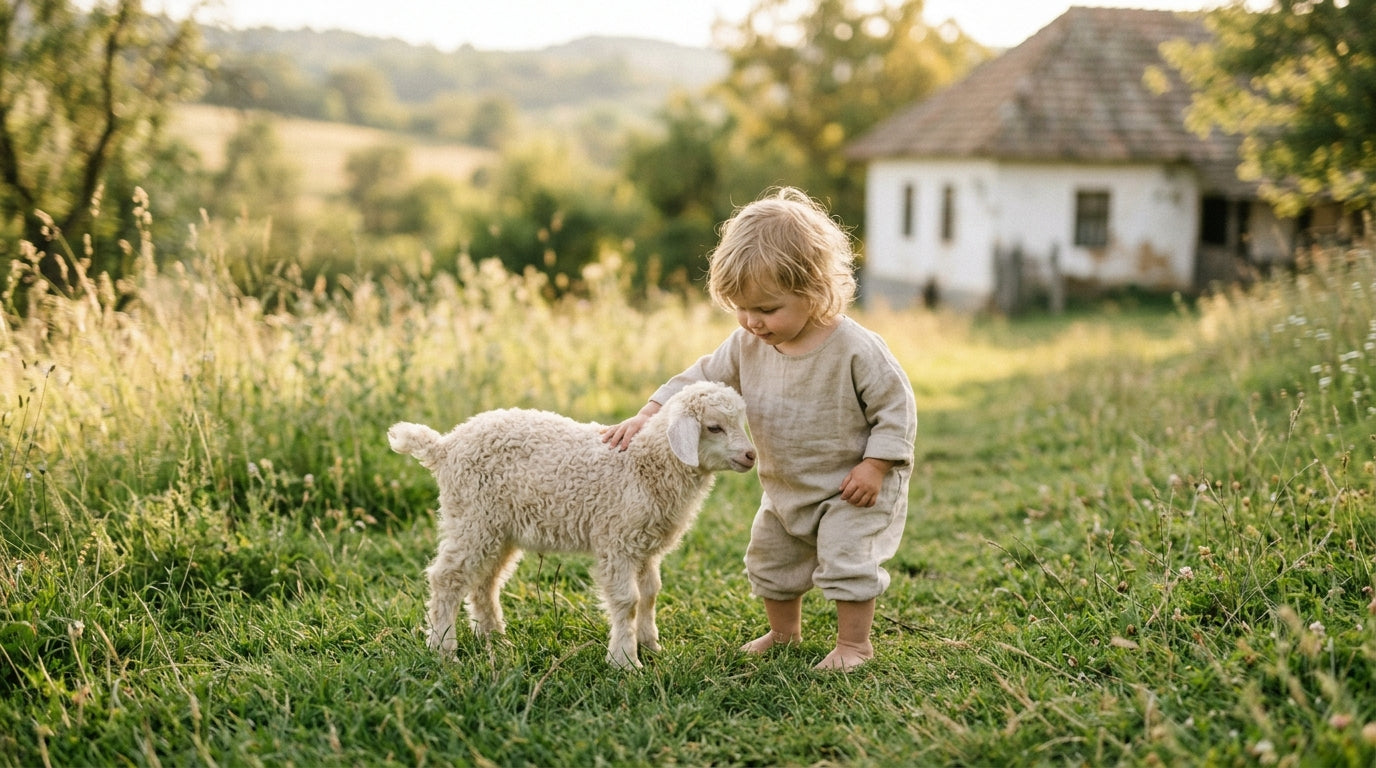 Two baby goats standing on a wooden bench looking confused