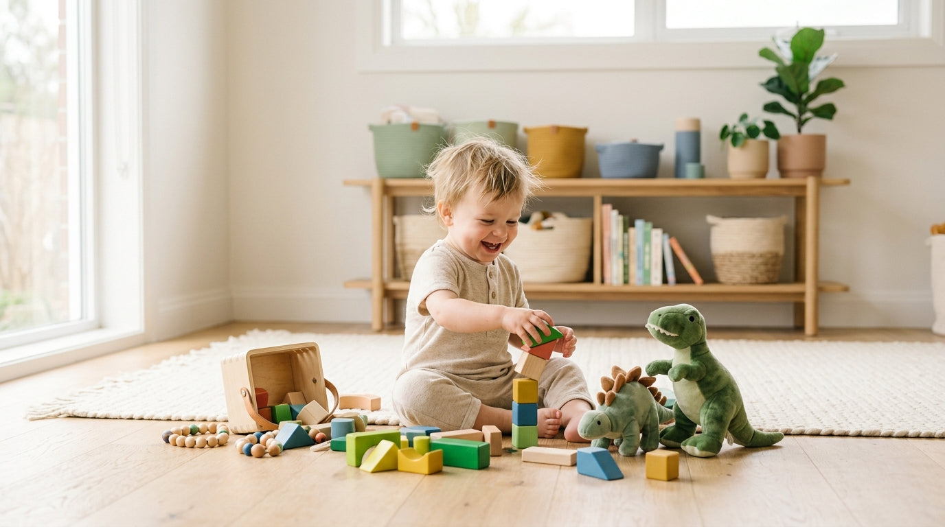 Toddler standing on a coffee table knocking over a tall tower of blocks