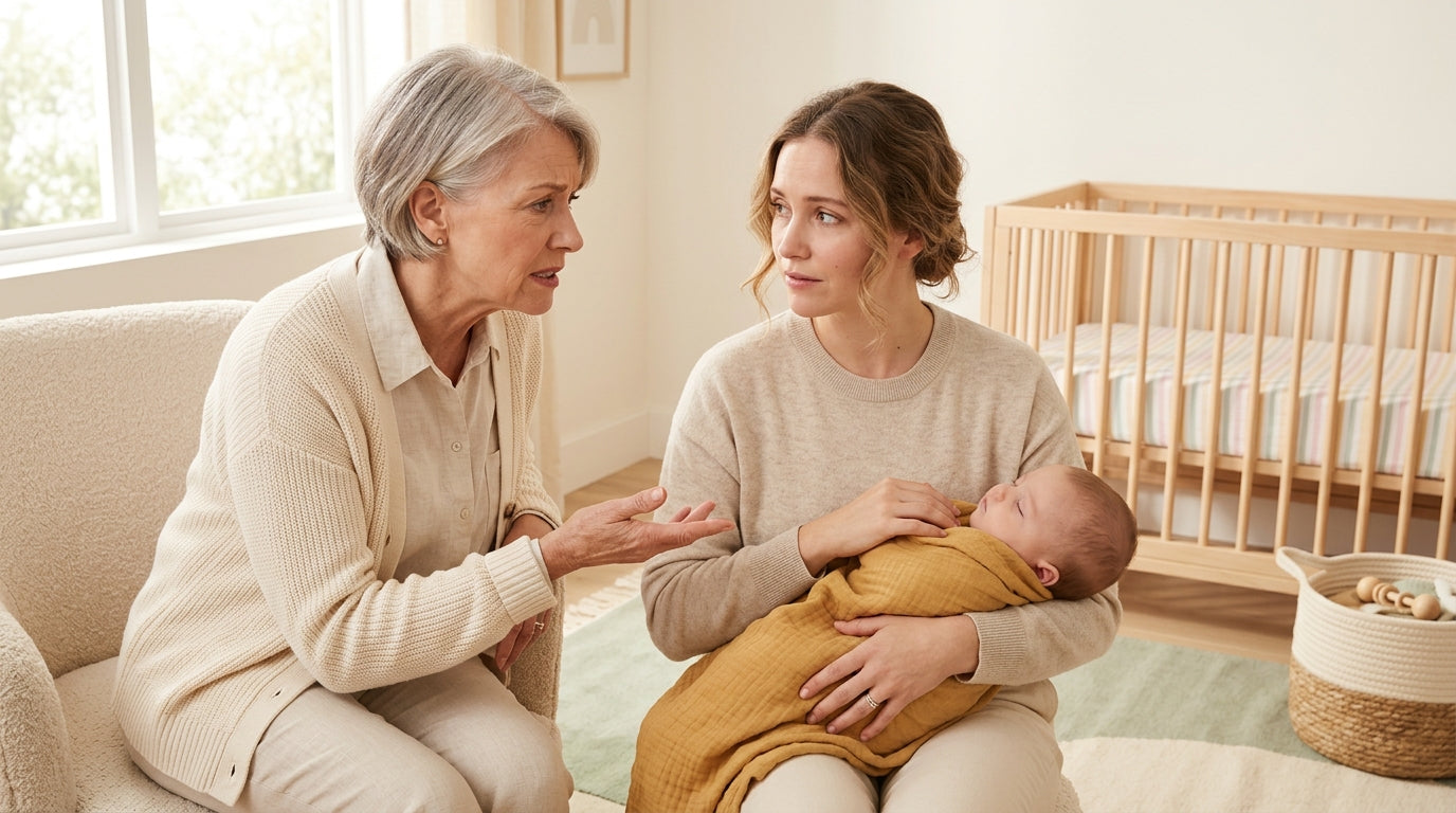 Frustrated mom holding a baby while looking at old nursery gear
