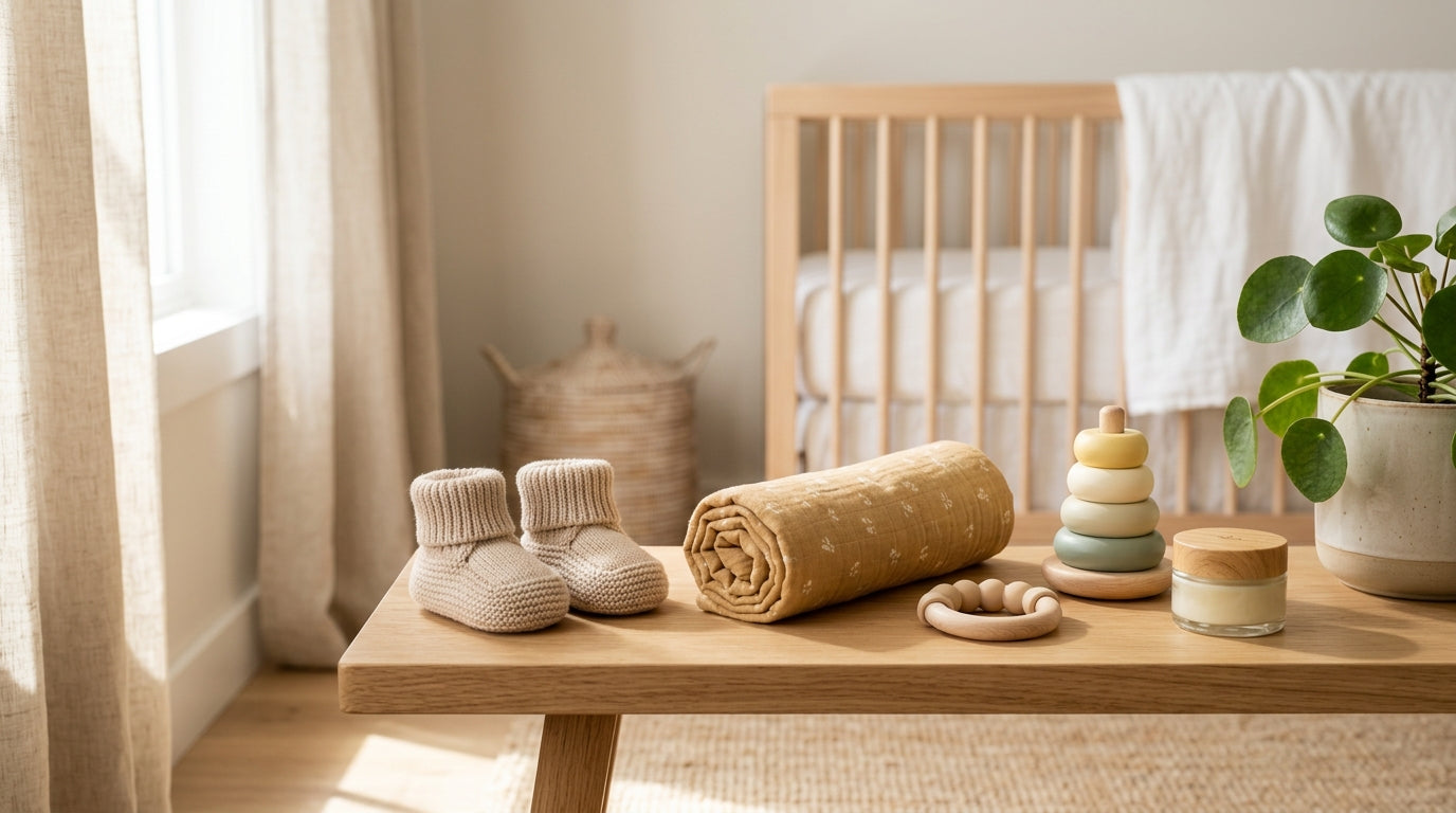 Mom holding a newborn wrapped in a soft bamboo baby blanket near a sunny window.
