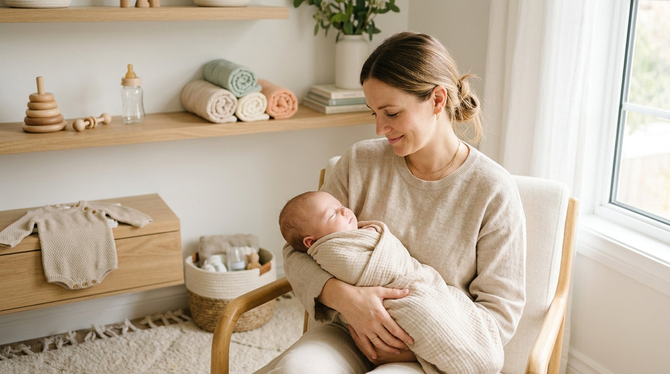 Tired mom looking at a smartphone surrounded by baby products and laundry