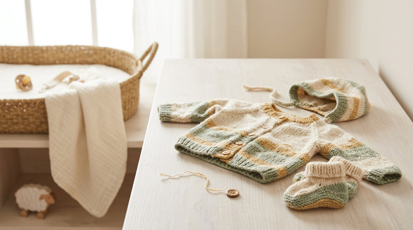 A frustrated dad holding a chunky knitted baby cardigan covered in a mysterious brown stain.