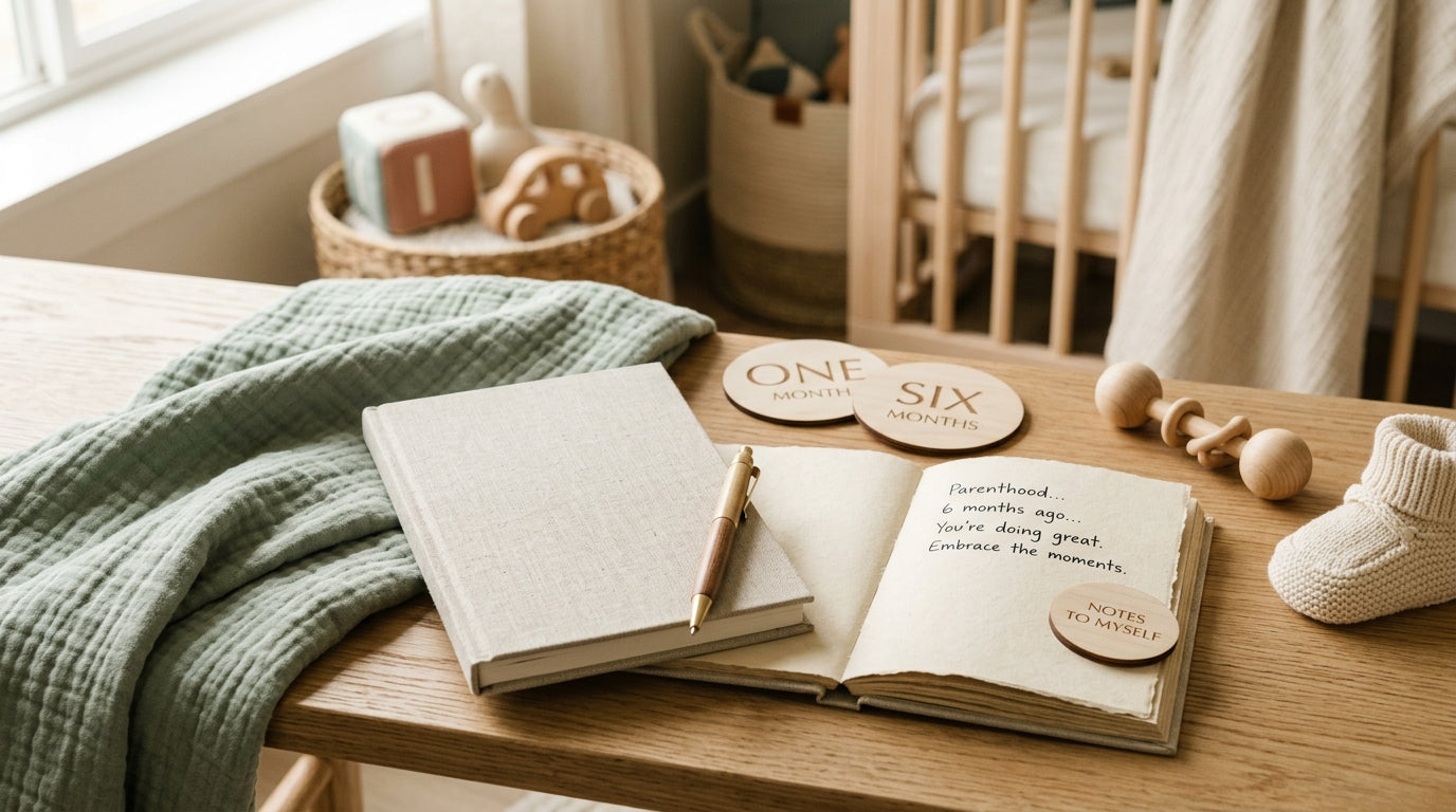 Tired mother sitting in dim nursery holding a sleeping infant