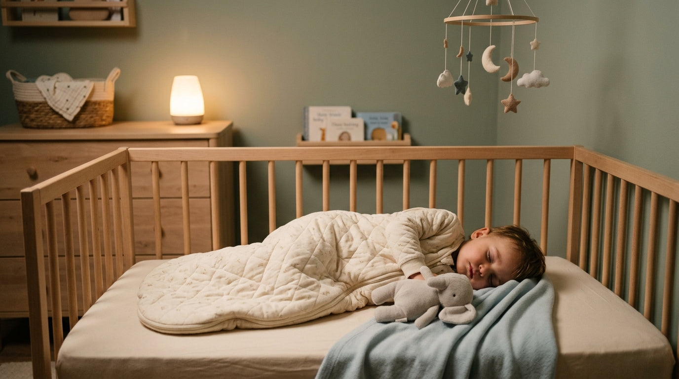A tired parent sitting on the floor comforting a crying toddler in the dark