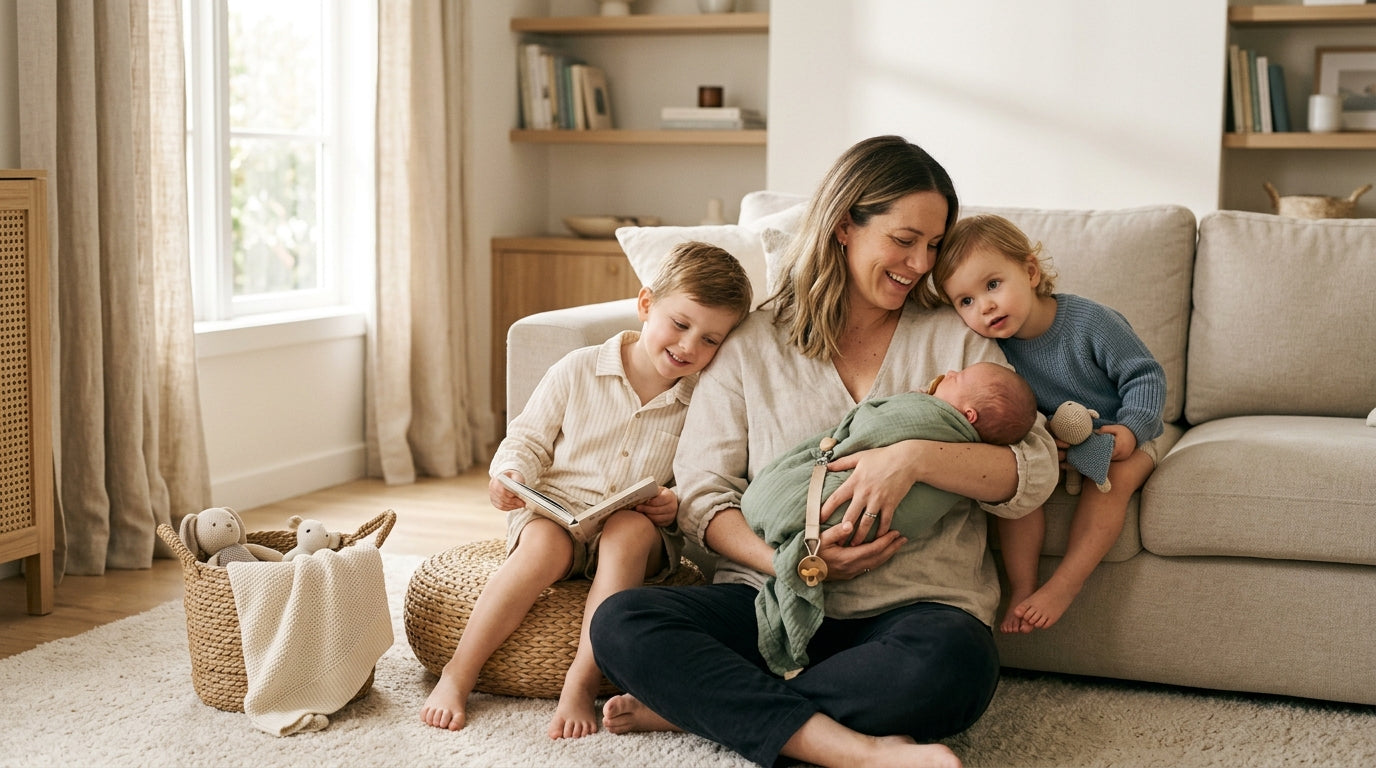 A tired mom holding a baby while two toddlers play in the background.