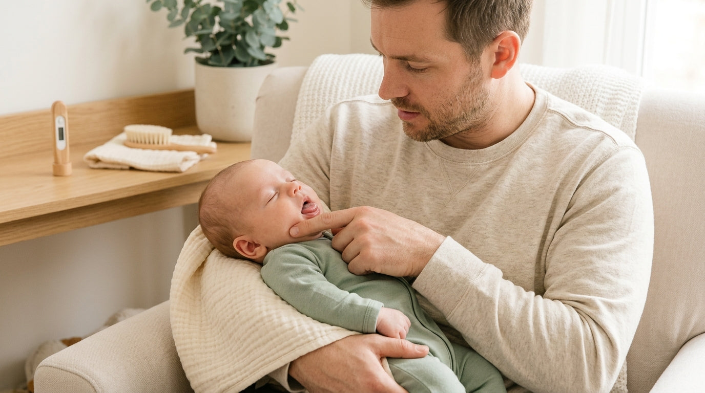 Dad inspecting his baby's mouth for white patches of oral thrush