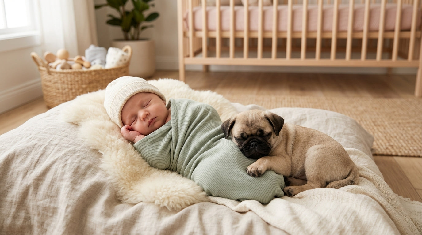 A wrinkly pug puppy sitting next to a baby on a playmat