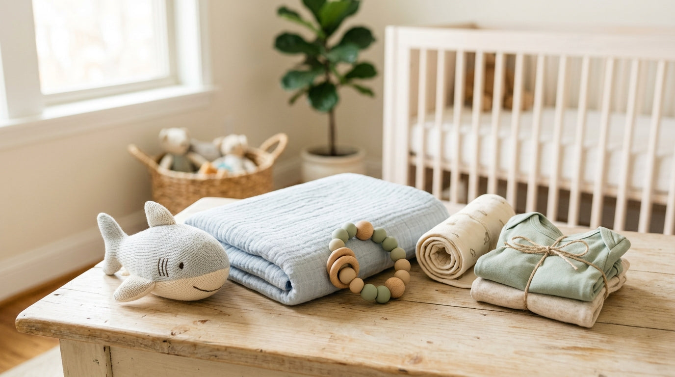 A tired mom holding a silicone panda teether while her toddler dances in the living room