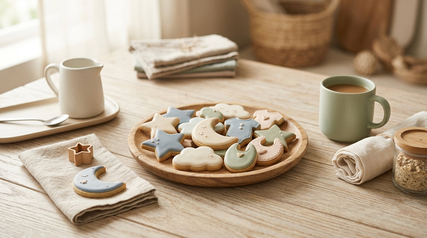 A messy kitchen counter covered in icing, sprinkles, and half-decorated cookies.