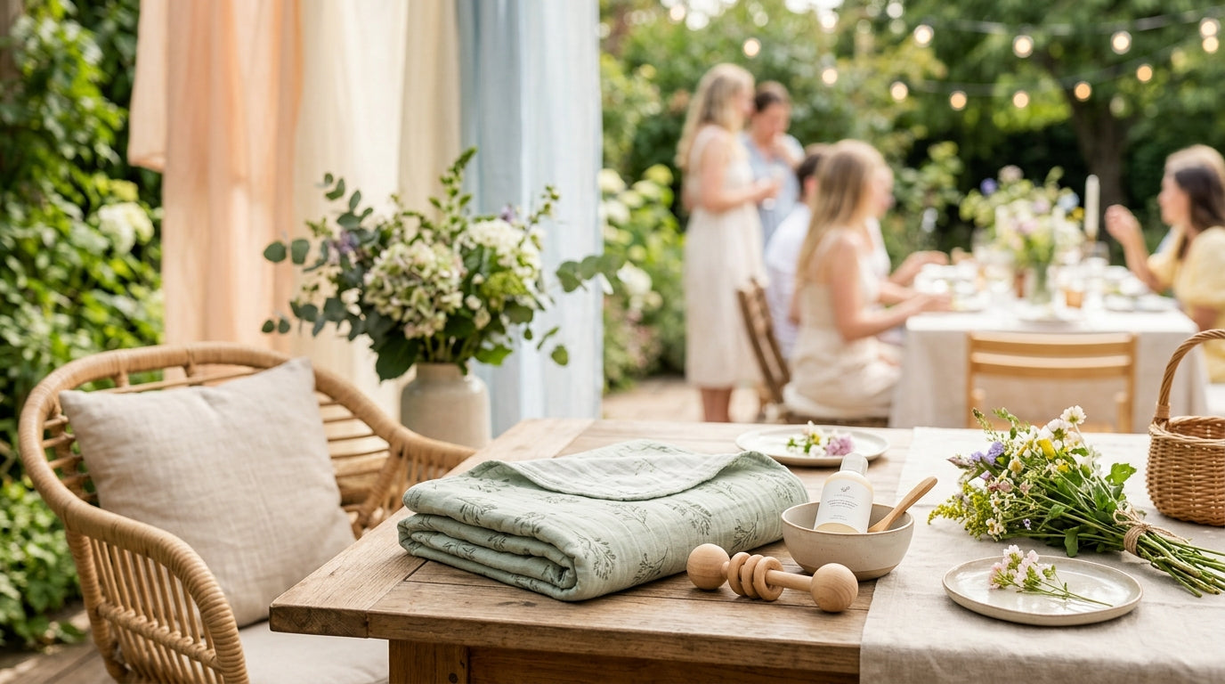 Pregnant woman sitting under an umbrella at an outdoor baby shower looking overheated