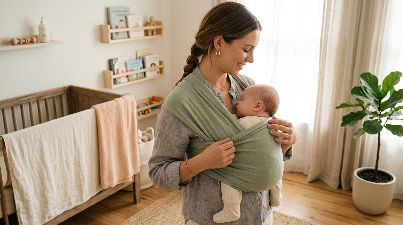 Tired dad tangled in a long fabric baby sling carrier
