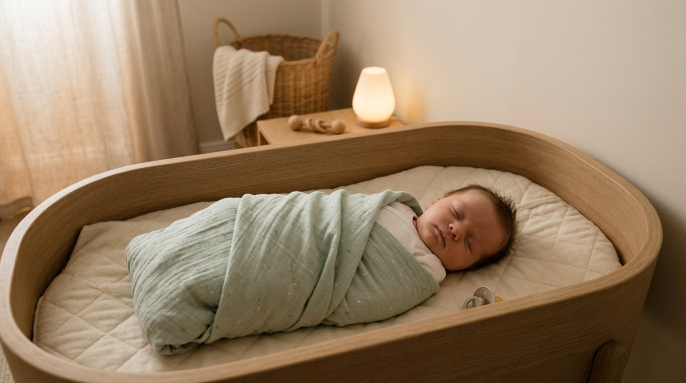 Tired mother trying to wrap a fussy newborn in a breathable baby blanket