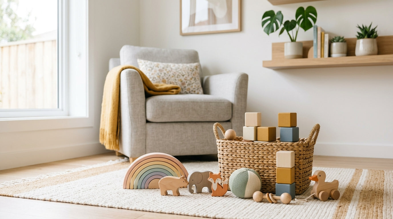 Two toddlers surrounded by wooden blocks and silicone teethers in a living room