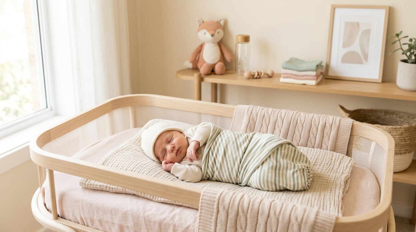 A tired mom holding a very chunky newborn baby in a rustic nursery