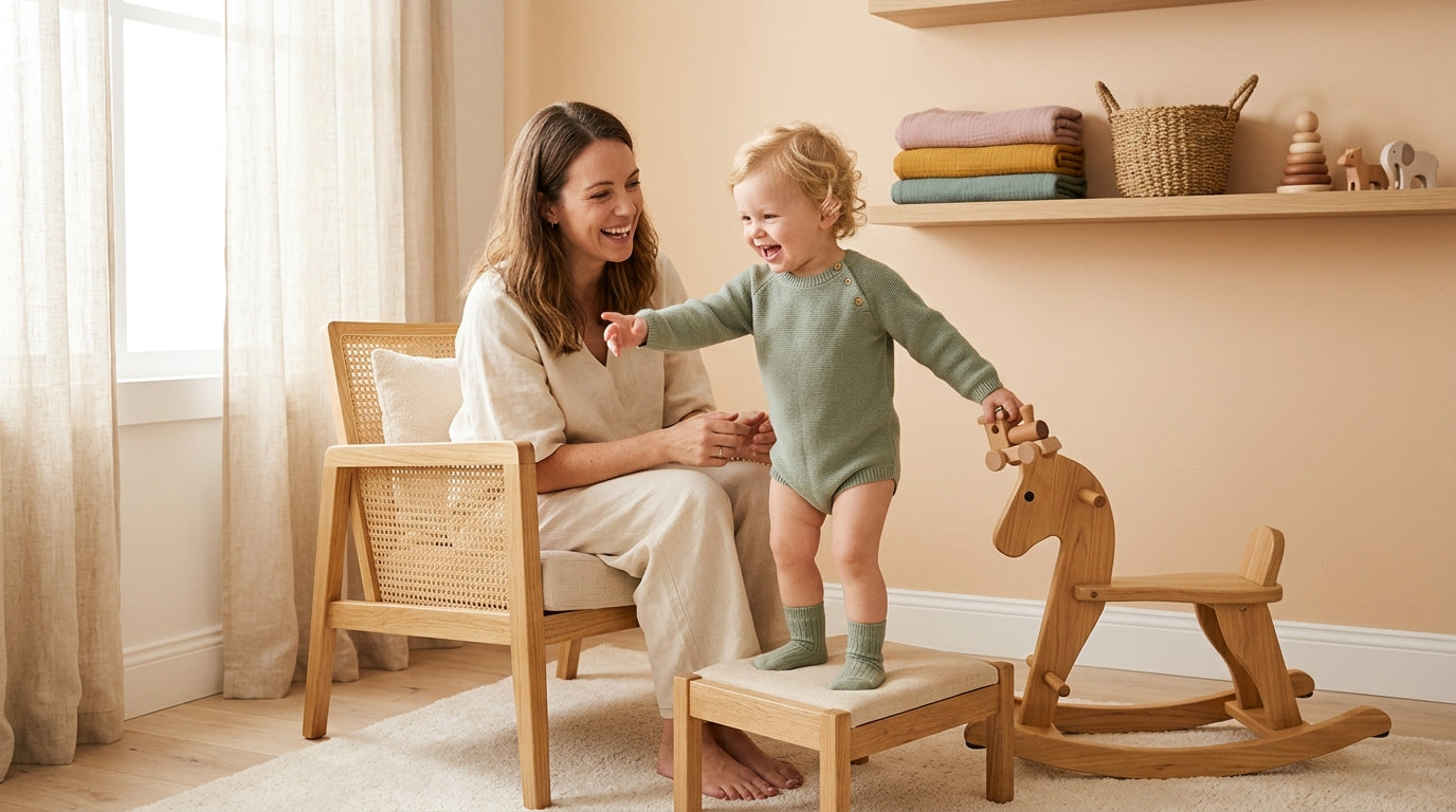 Exhausted mom holding a crying newborn while toddler watches TV