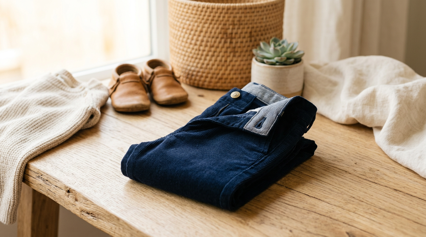 A highly unamused toddler sitting on the floor wearing stiff boys dress pants