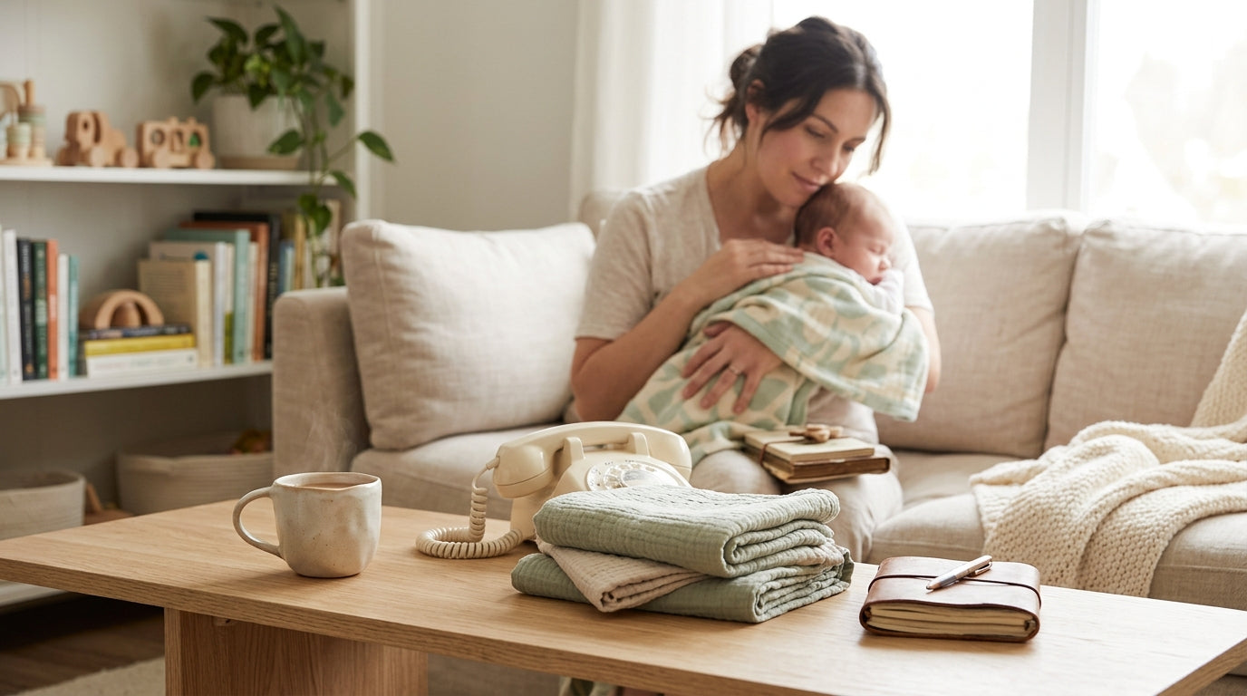 Exhausted mom holding a fussing newborn in a dimly lit living room with the TV glowing.