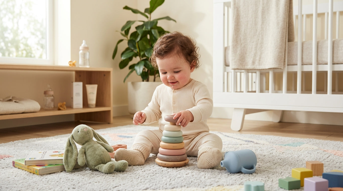 An exhausted dad staring at his laughing 11-month-old baby in a soft organic cotton bodysuit