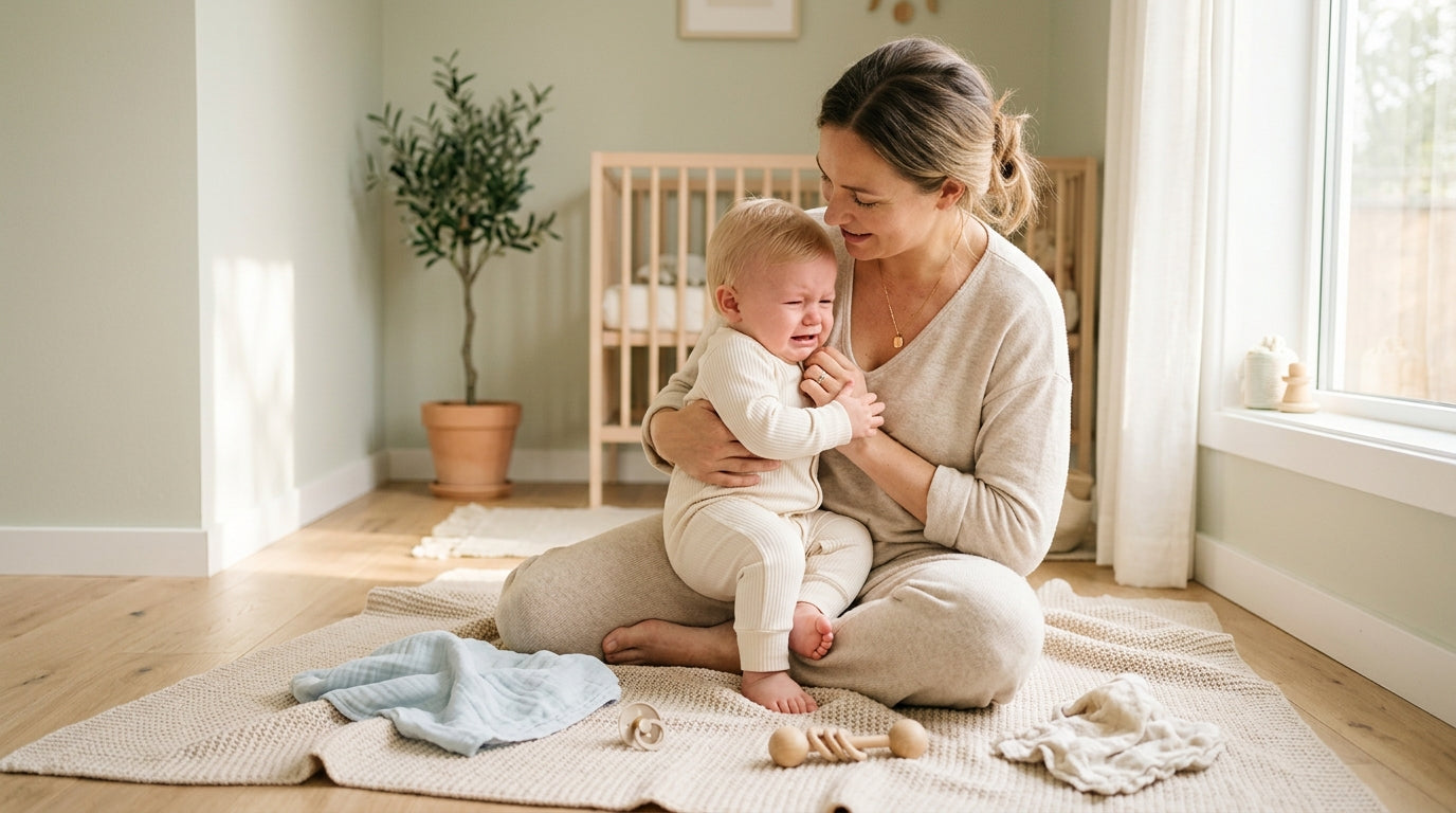 Exhausted mom drinking coffee while holding a crying baby in a messy nursery