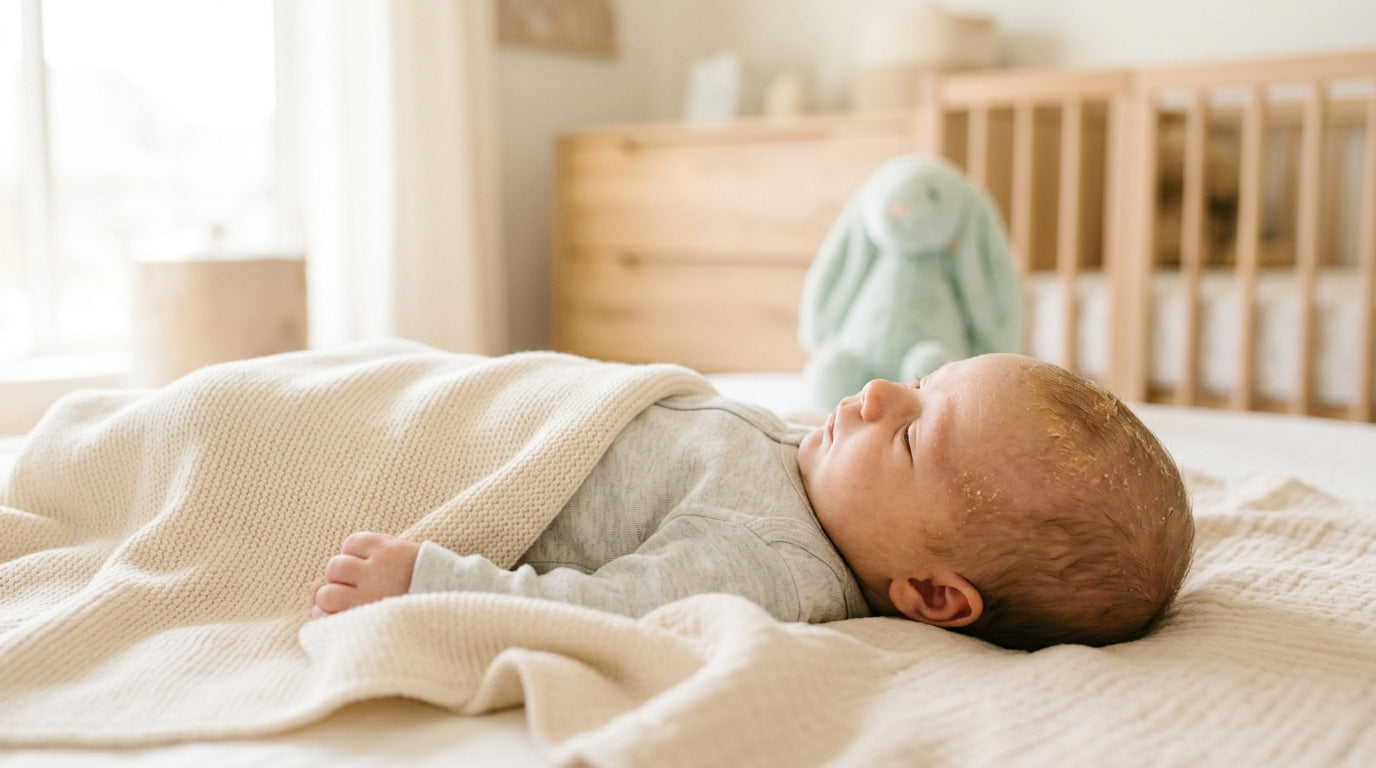 A tired father holding a crying baby in a dimly lit room