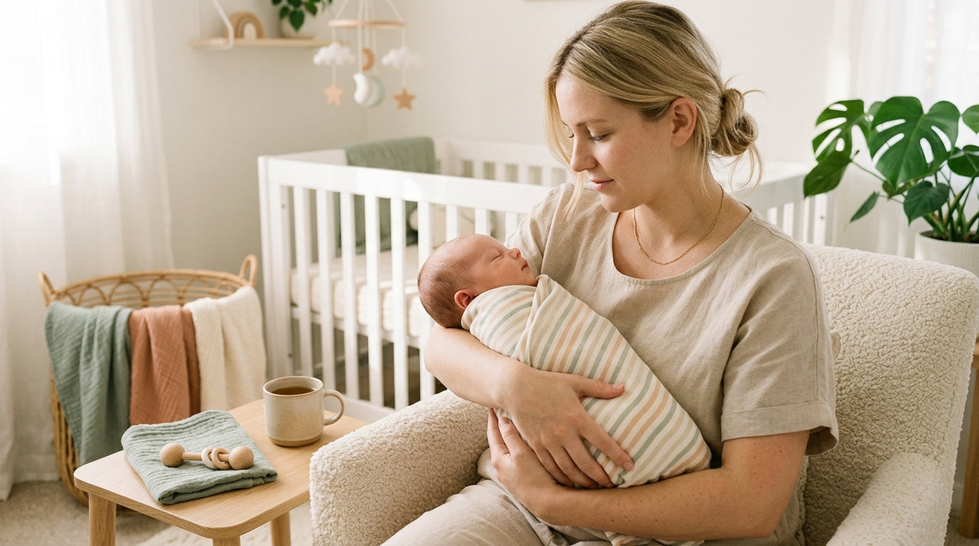 Pediatric nurse and new mom holding her tiny sleeping newborn in a dim nursery